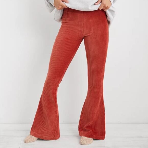 Aerie Groove On Velour High Waisted Flare Pants Womens S Orange Retro 70s - Picture 1 of 8